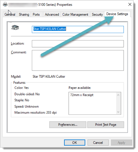Device Settings Tab of Receipt Printer Properties