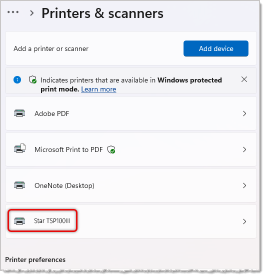 Printer List win 11 example with receipt printer highlighted.