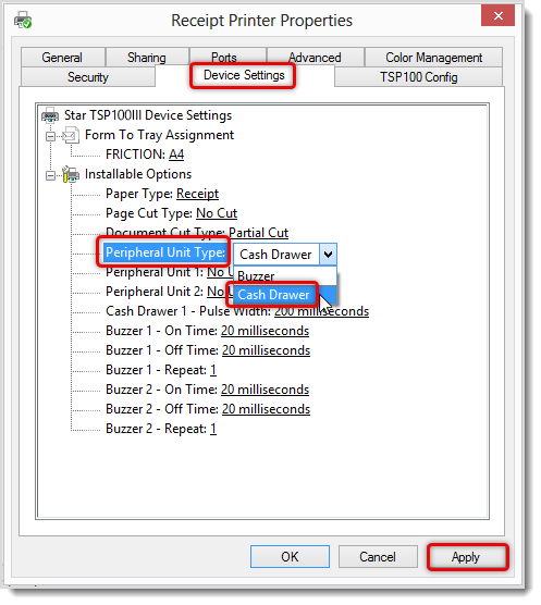 Receipt Printer Properties Device Settings Tab Cash Drawer Settings