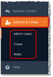 Image showing the Admins & Crews area of the main eTailPet system menu with the menu items highlighted.