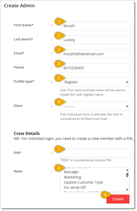 Image showing the Create Admin page in the eTailPet system with major functions highlighted.