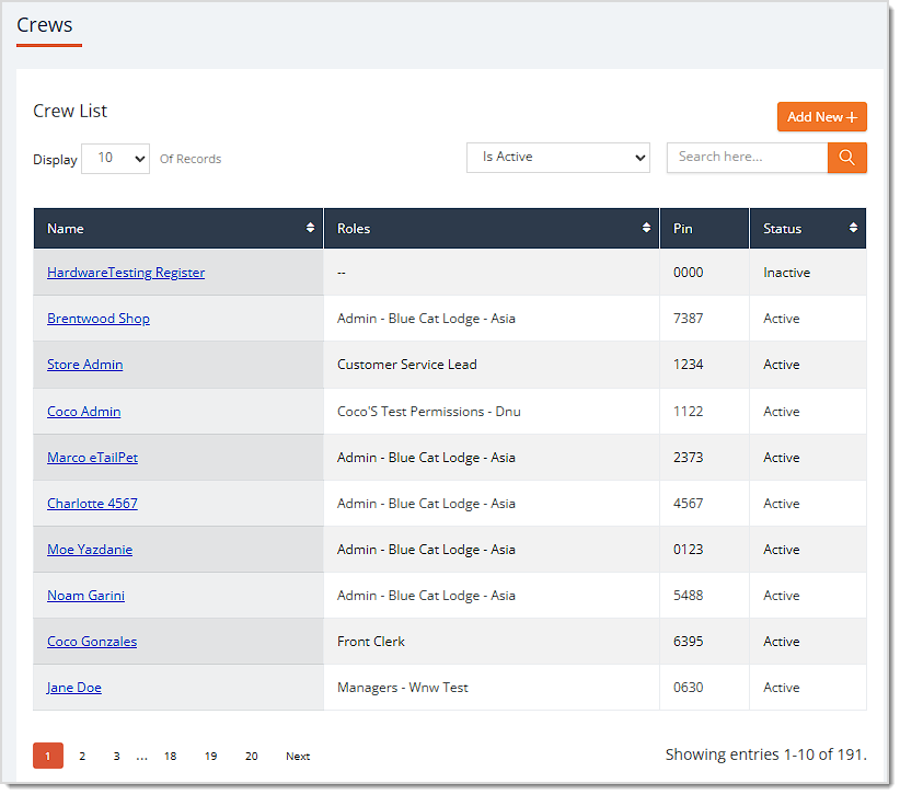 Image of the Crews page in the eTailPet system.