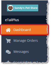 Image showing the main menu of the eTailPet system with the Dashboard area highlighted.