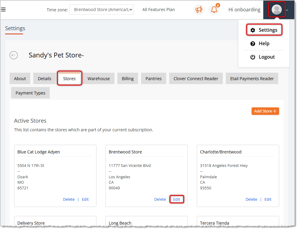 Image showing how to get to the Edit Store Settings page from the Settings page of the eTailPet system.