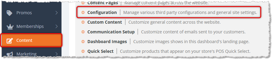 Image showing how to get to multi-store Astro Loyalty setup under the Configuration area of Content in the eTailPet system.