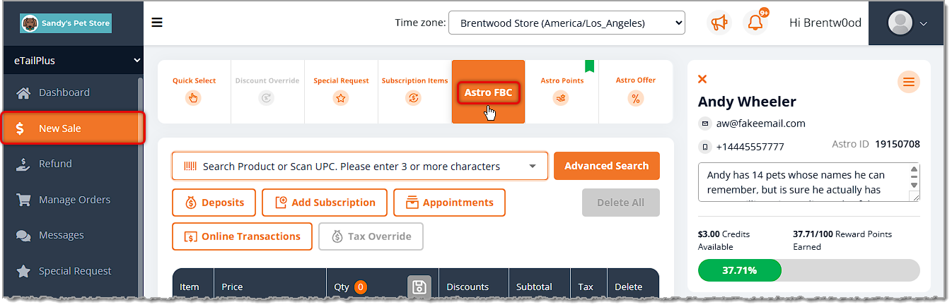 Image showing the New Sale page with the Astro FBC button highlighted in the eTailPet system.