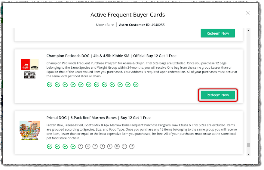Image showing an Astro Frequent Buyer Card ready to be redeemed in the New Sale page of the eTailPet system.