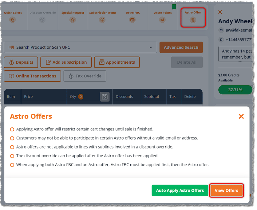 Image showing the usage guidelines of Astro Offers, with functions for automating or browsing them in the New Sale page of the eTailPet system.