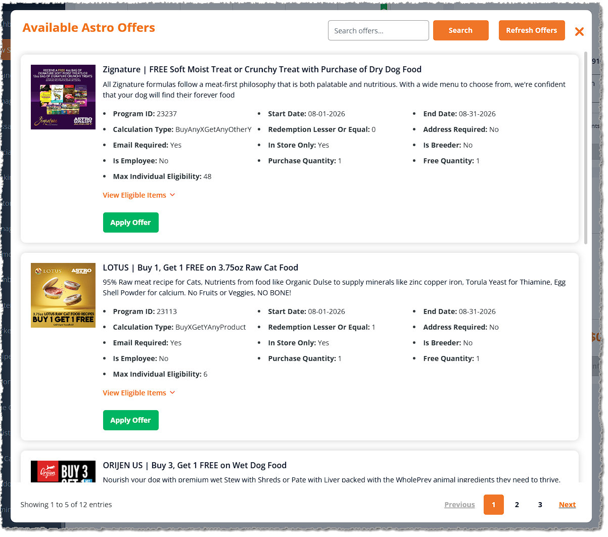 Image of the Available Astro Offers window on the New Sale page in the eTailPet system.