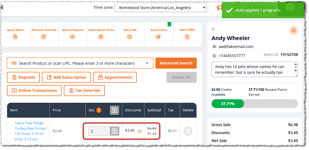 Image showing an Auto-Applied success popup for an Astro Offer on the New Sale page of the eTailPet system.