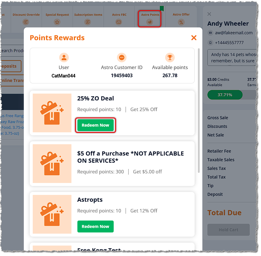 Image showing the Points Rewards window on the New Sale page of the eTailPet system.