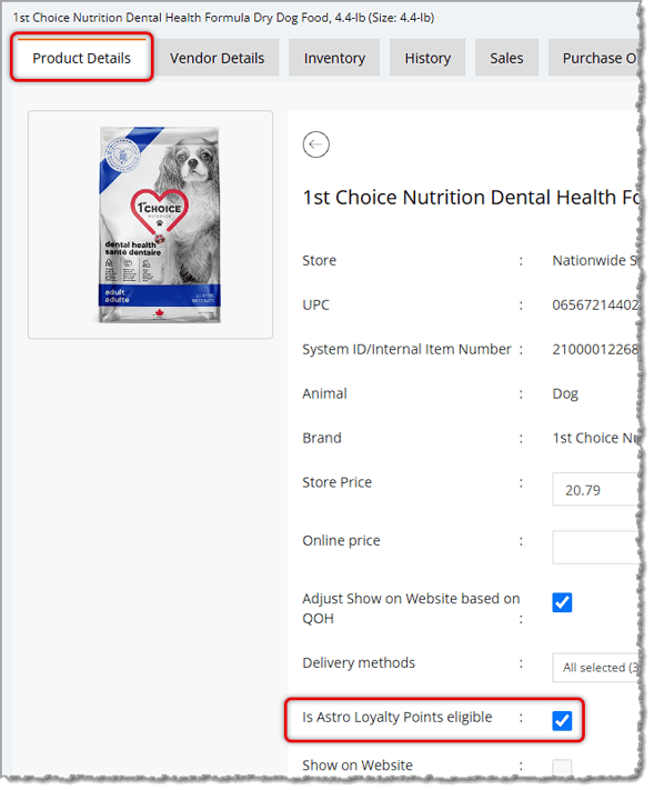 Image showing the Astro Point Eligibility setting for a product on the Product Details tab of the product's Details page in the eTailPet system.