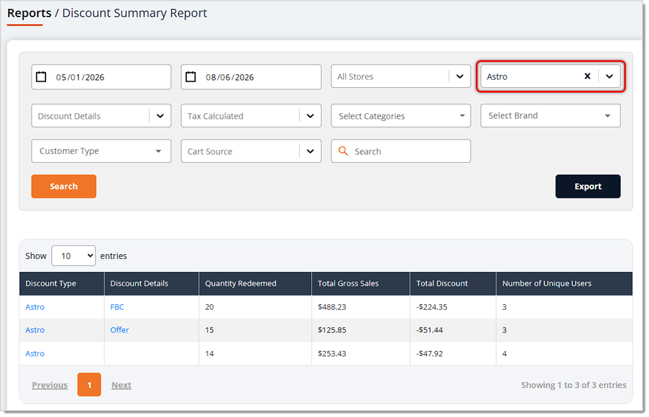 Image showing the Discount Summary Report filtered to Astro discounts in the eTailPet system.