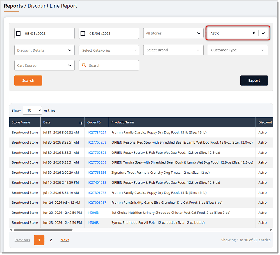 Image showing the Discount Line Report filtered to Astro discounts in the eTailPet system.