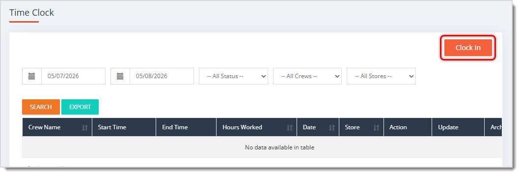 Image highlighting the Clock In button on the Time Clock page of the eTailPet system.