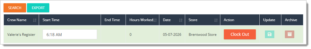 Image showing a Clock In event for a crew member on the Time Clock page of the eTailPet system.