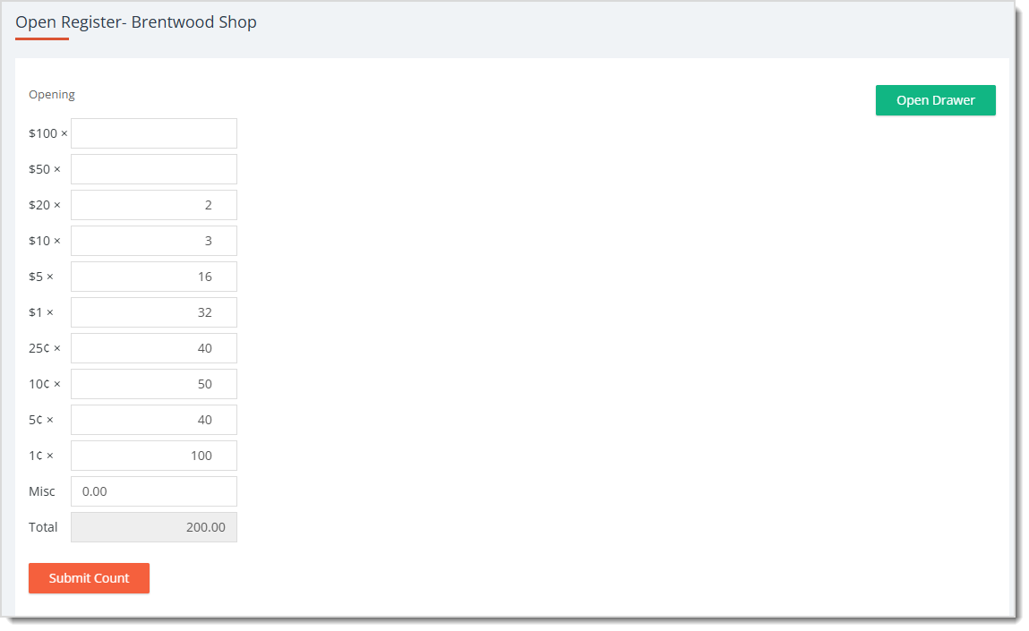 Image showing the Opening page for open-close drawer in the Register menu of the eTailPet system.