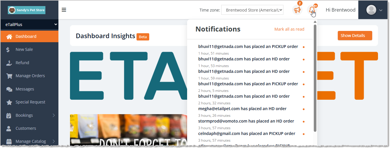 Image showing the Notifications on the Dashboard page of the eTailPet system.