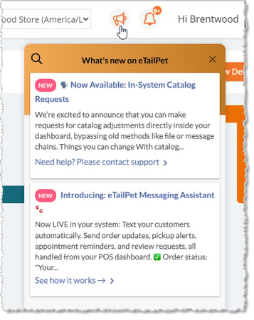 Image showing the What's New drop-list on the Dashboard page of the eTailPet system.