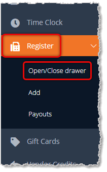 Image showing the Open-Close Drawer function in the Register menu of the eTailPet system.