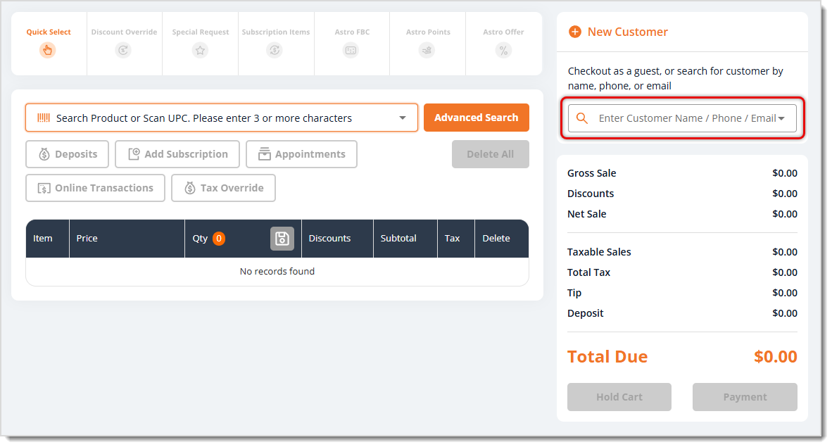 Image showing the customer search area of the New Sale page of the eTailPet system.