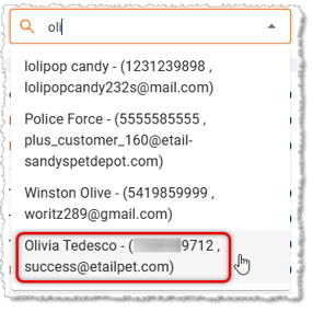 Image showing an active customer search on the New Sale page of the eTailPet system.