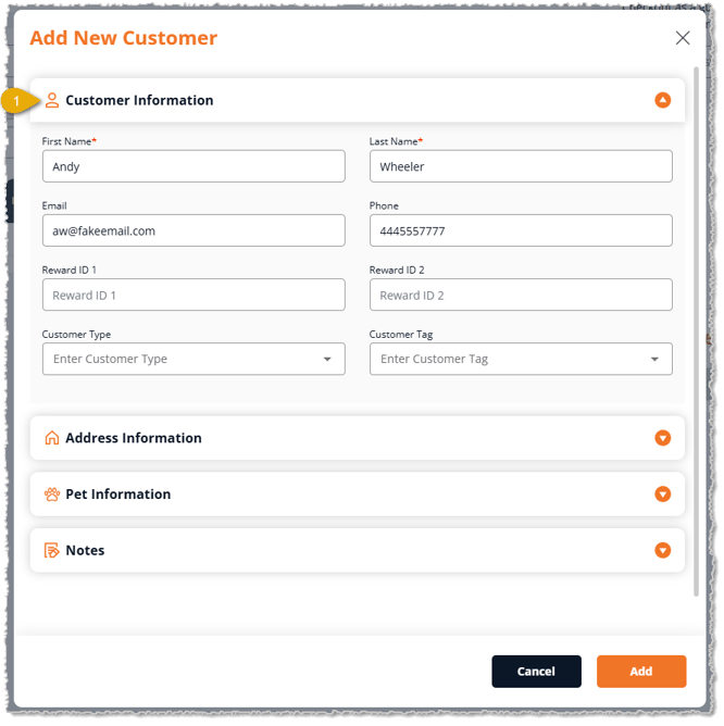 Image showing the Customer Information section of the Add New Customer window on the New Sale page of the eTailPet system.