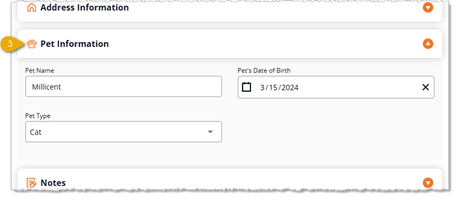 Image showing the Pet Information section of the Add New Customer window on the New Sale page of the eTailPet system.