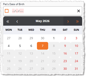 Image showing the date picker calendar for setting a pet's date of birth in the Add/Edit Customer window of the New Sale page of the eTailPet system.