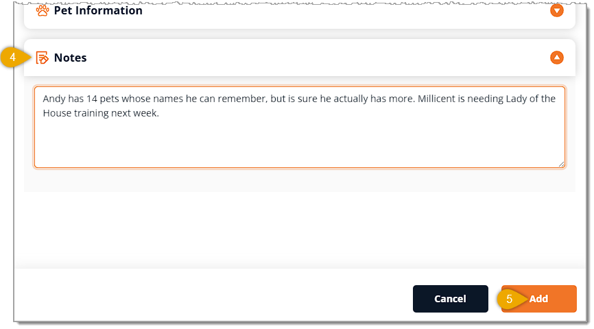 Image showing the Notes section of the Add New Customer window on the New Sale page of the eTailPet system.