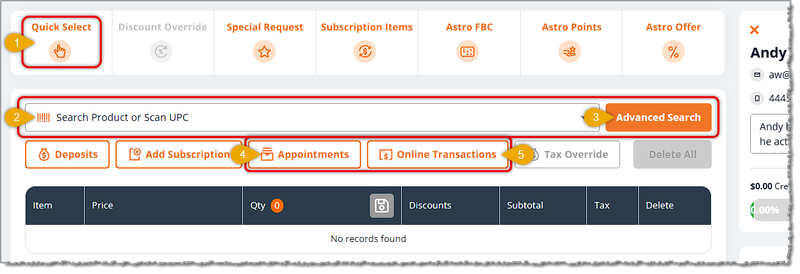 Image showing areas of New Sale where items or service payments can be added to a transaction in the eTailPet system.