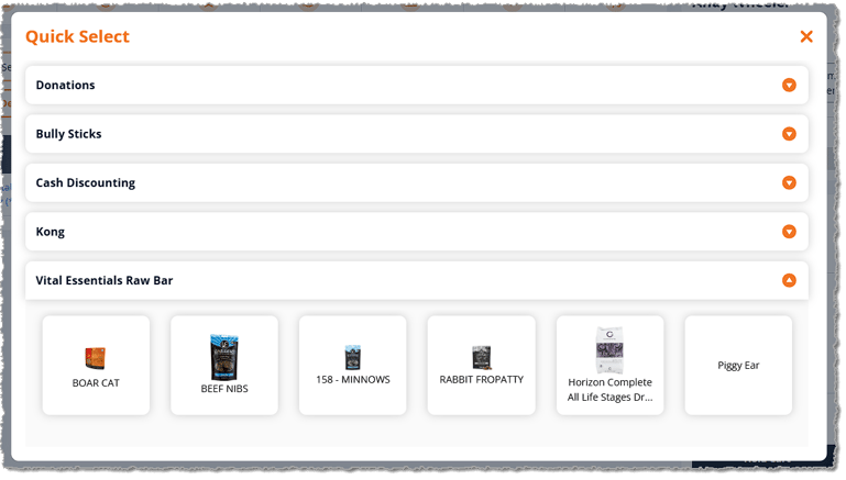 Image showing the Quick Select window of the New Sale page of the eTailPet system.