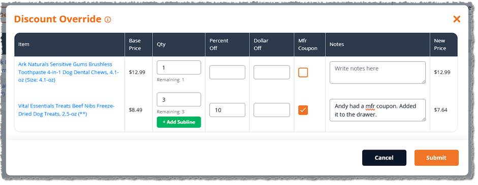 Image showing the Discount Override window with Quantity, Percent Off, Dollar Amount Off, Mfr Coupon, and Notes options for an item in the New Sale page of the eTailPet system.