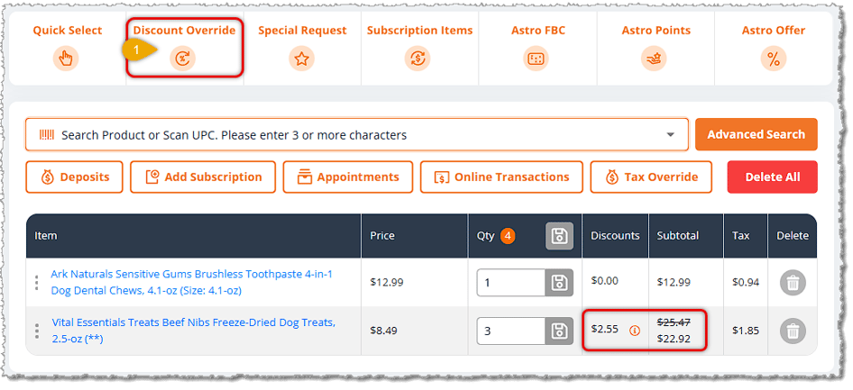 Image showing the New Sale page of the eTailPet system with the Discount Override and Payment buttons highlighted.