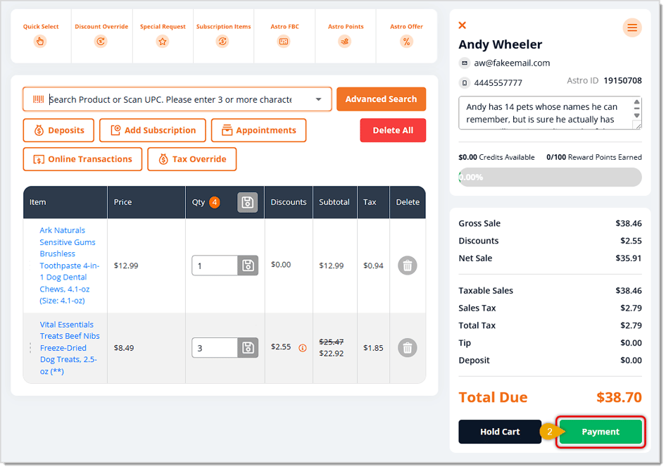 Image showing the New Sale page with the Payment button highlighted in the eTailPet system.