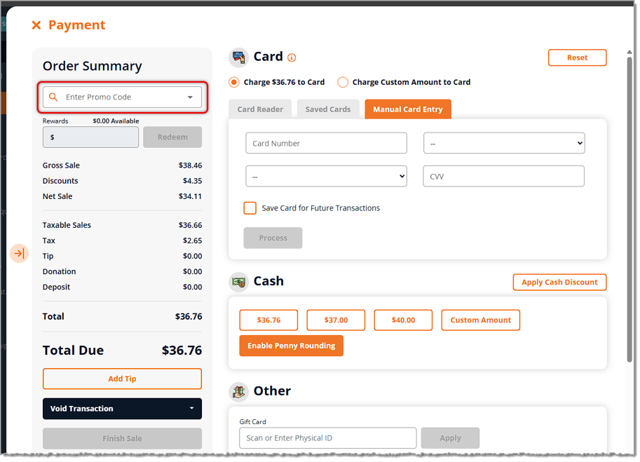 Image showing the Payment page from New Sale in the eTailPet system with the promo code field highlighted.