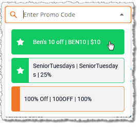 Image showing the promo code selection area of the Payment panel on the New Sale page of the eTailPet system.