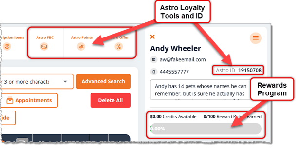 Image showing the Astro Loyalty and Rewards areas on the New Sale page of the eTailPet system.