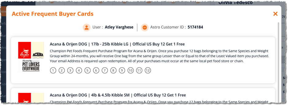Image showing the Active Frequent Buyer Cards window for Astro FBC reward offers in the New Sale page of the eTailPet system.
