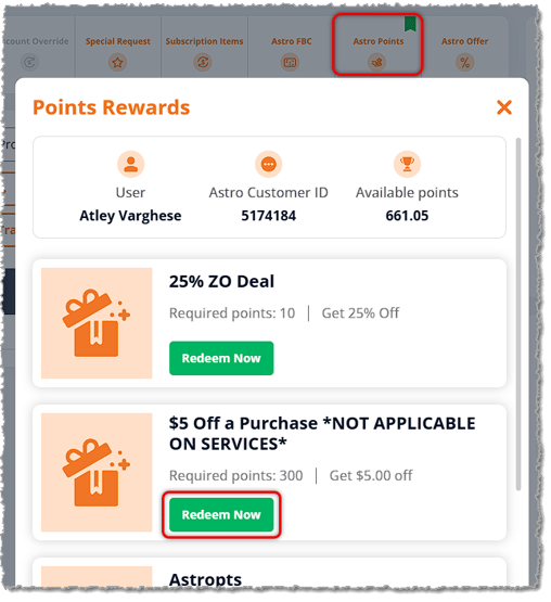 Image showing the Points Rewards window with Astro Points reward offers in the New Sale page of the eTailPet system.