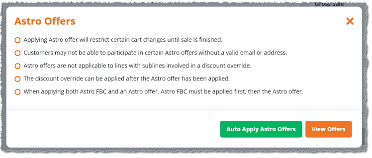 Image showing the Astro Offer restrictions window in the New Sale page of the eTailPet system.