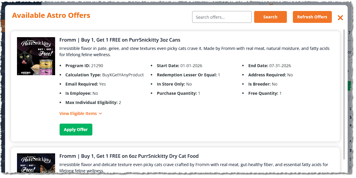 Image showing the Available Astro Offers window with reward offers in the New Sale page of the eTailPet system.