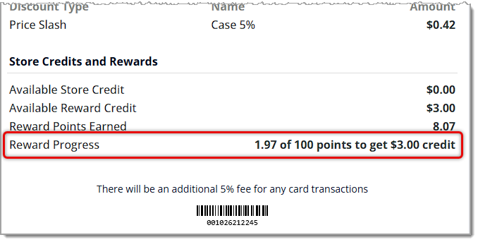 Image of a eTailPet New Sale receipt with the Reward progress highlighted.