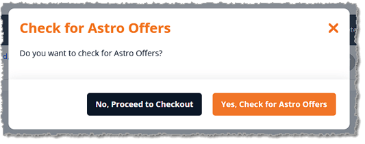 Image showing the Check for Astro Offers prompt when going to the Payment page to check out for a transaction in the eTailPet system.