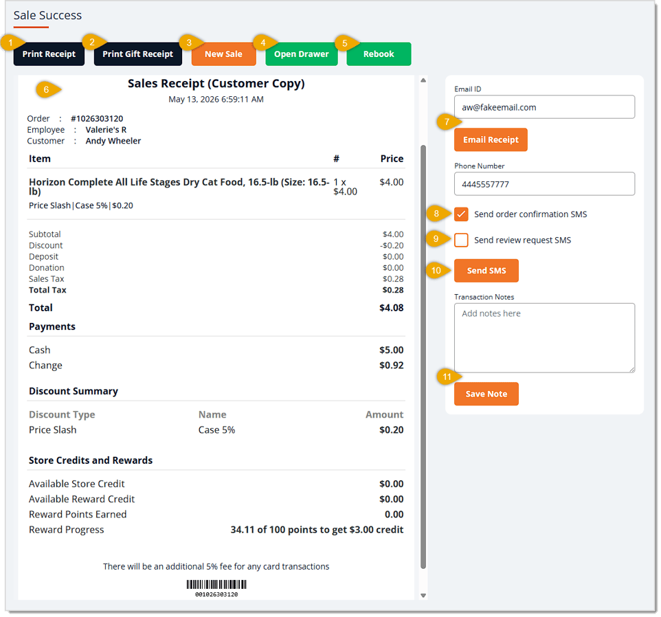 Image showing the major functions of the Sale Success page of the eTailPet system.