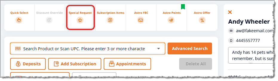 Image highlighting the Special Request tool on the New Sale page of the eTailPet system.