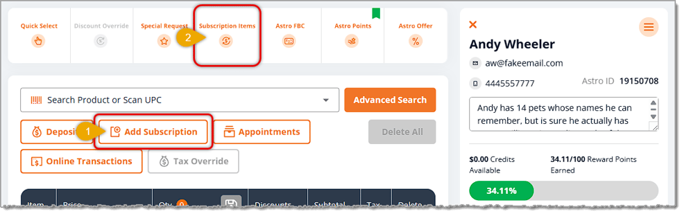 Image showing the Subscription functions on the New Sale page of the eTailPet system.