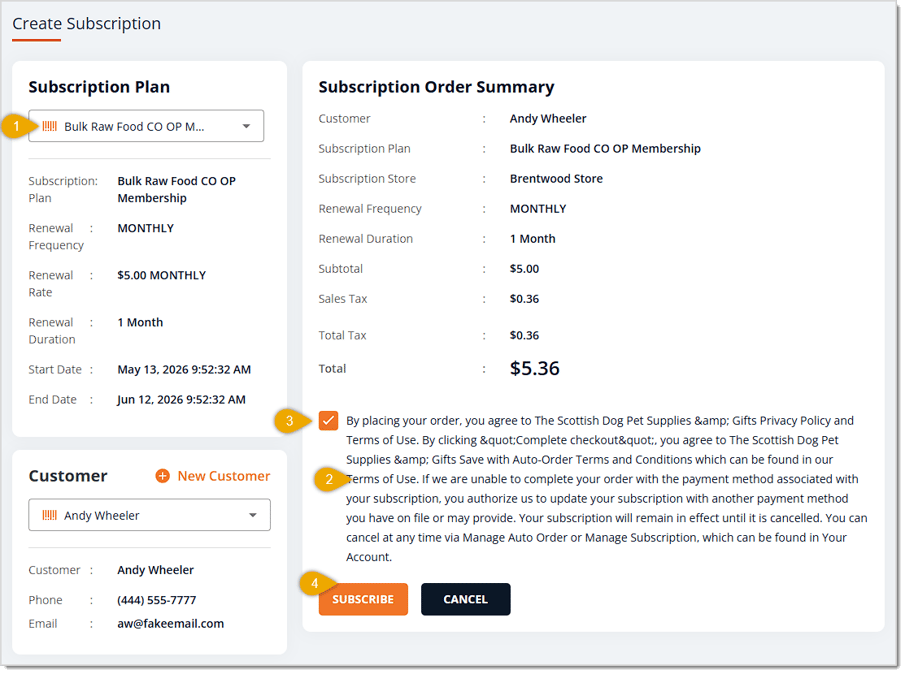 Image showing the Create Subscription page with steps highlighted for creating a new subscription for a customer in the eTailPet system.