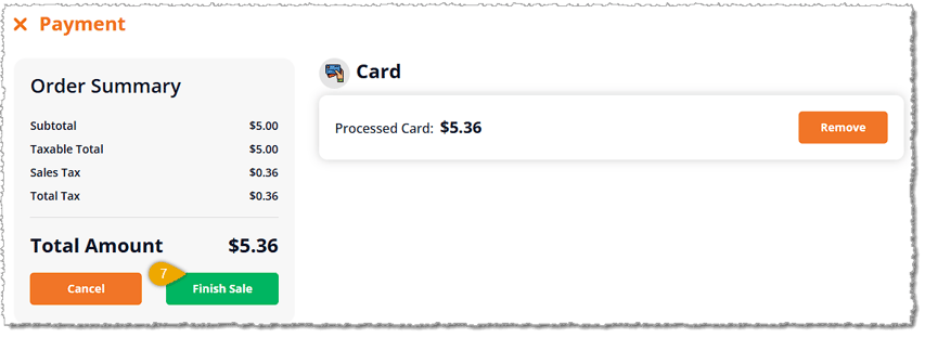 Image showing the Finish Sale button in the Payment window of a New Sale transaction in the eTailPet register.