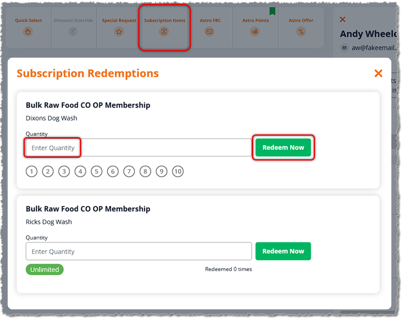 Image showing the Subscription Redemptions window on the New Sale page of the eTailPet system.